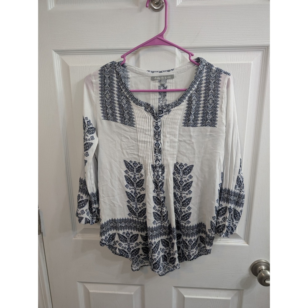 Daniel Rainn Blouse Womens White Navy Blue Pintuck Peasant Top - Size L